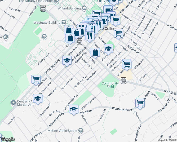 map of restaurants, bars, coffee shops, grocery stores, and more near 512 West Foster Avenue in State College