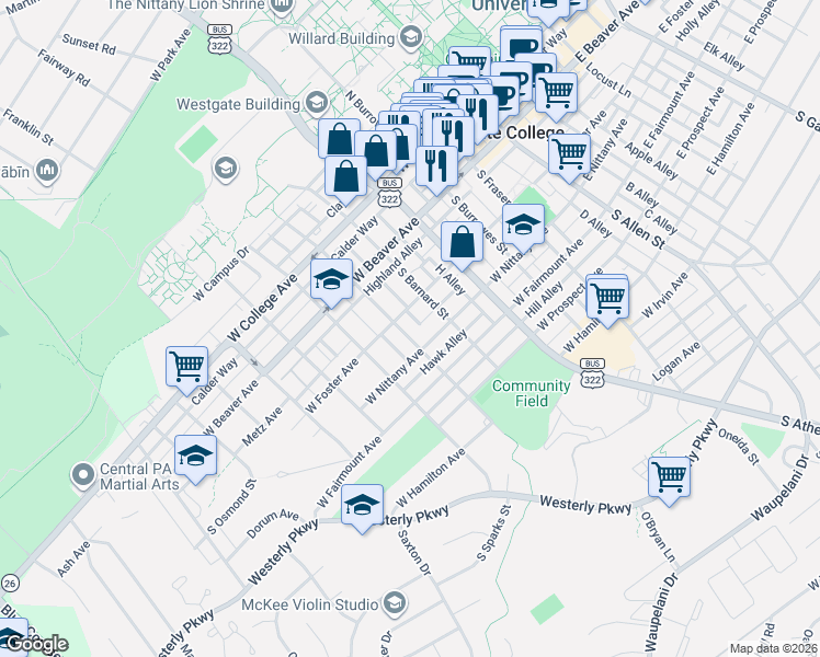 map of restaurants, bars, coffee shops, grocery stores, and more near 512 West Foster Avenue in State College
