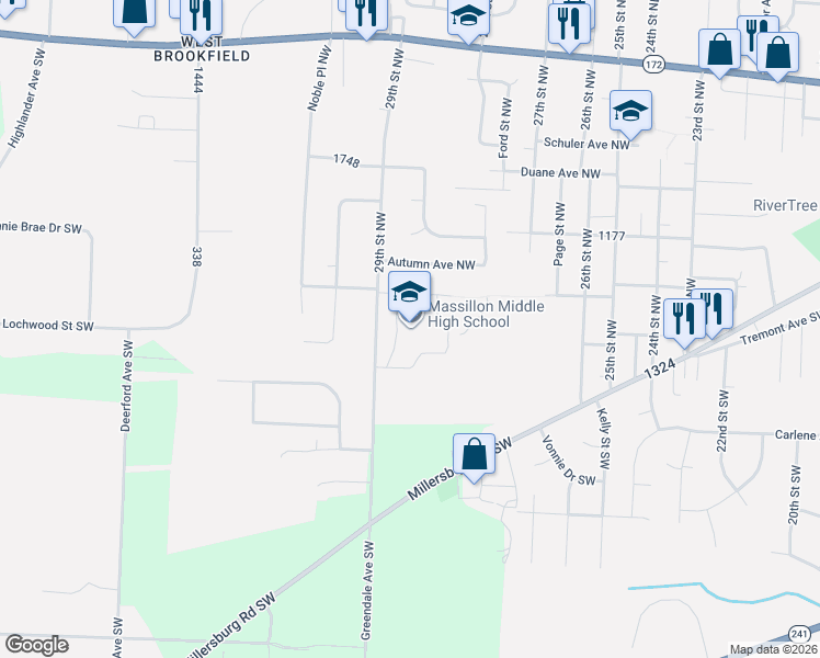 map of restaurants, bars, coffee shops, grocery stores, and more near 250 29th Street Northwest in Massillon