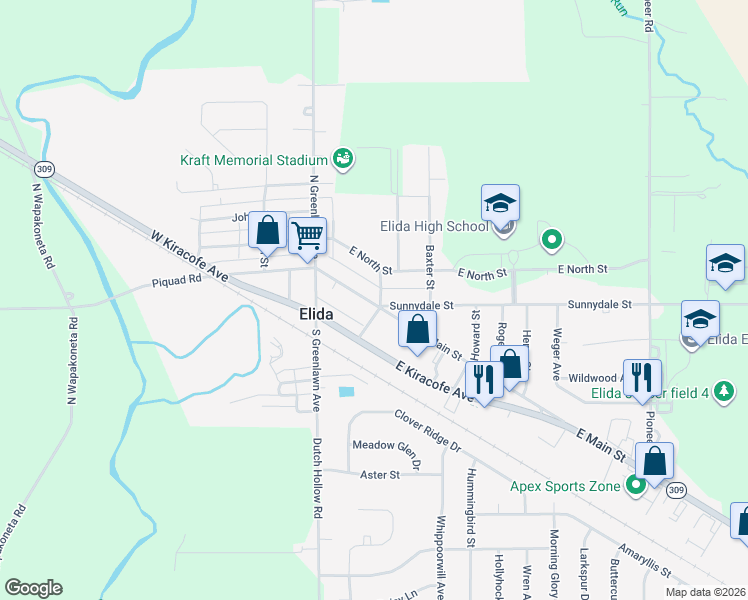 map of restaurants, bars, coffee shops, grocery stores, and more near 123 E Main St in Elida