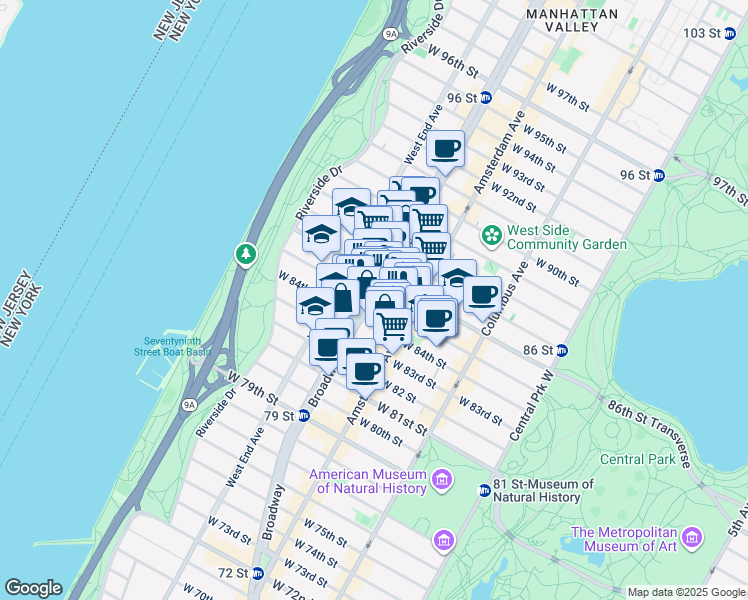 map of restaurants, bars, coffee shops, grocery stores, and more near 245 West 85th Street in New York