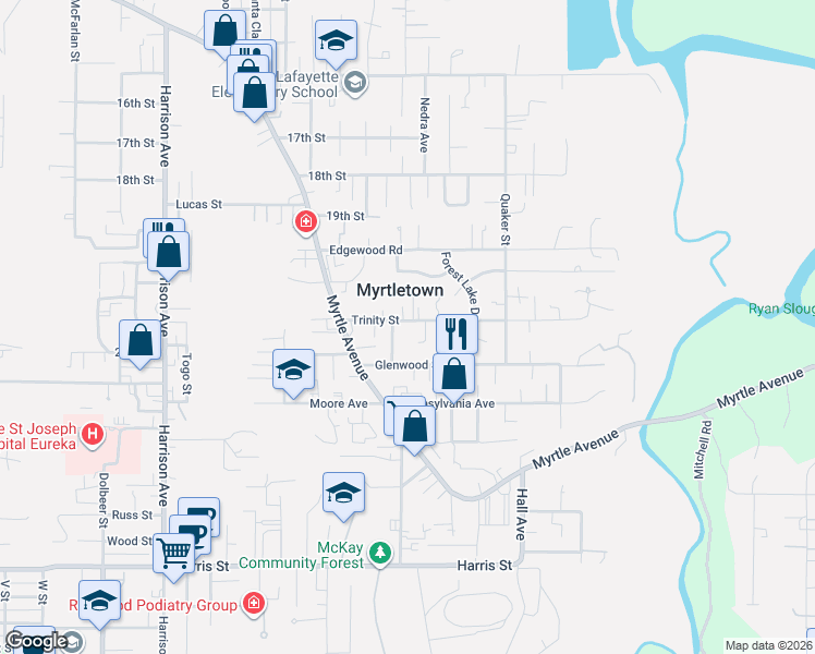 map of restaurants, bars, coffee shops, grocery stores, and more near 3321-3343 Trinity Street in Eureka