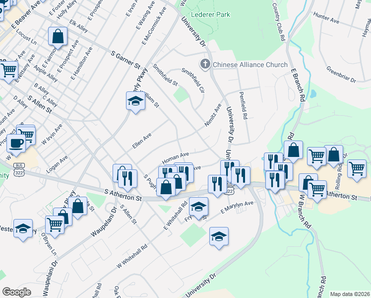 map of restaurants, bars, coffee shops, grocery stores, and more near 300-330 Nimitz Avenue in State College