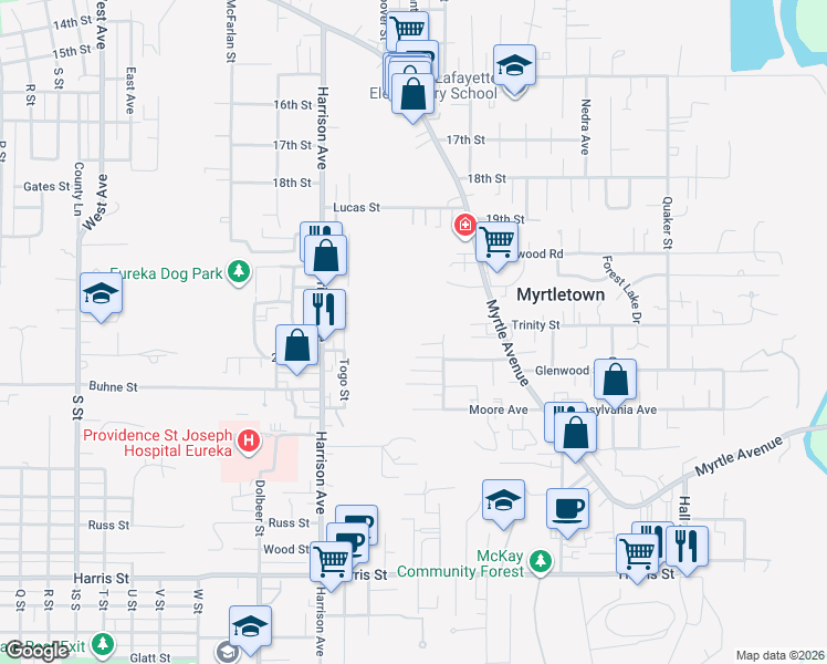 map of restaurants, bars, coffee shops, grocery stores, and more near 2773 Avery Lane in Eureka