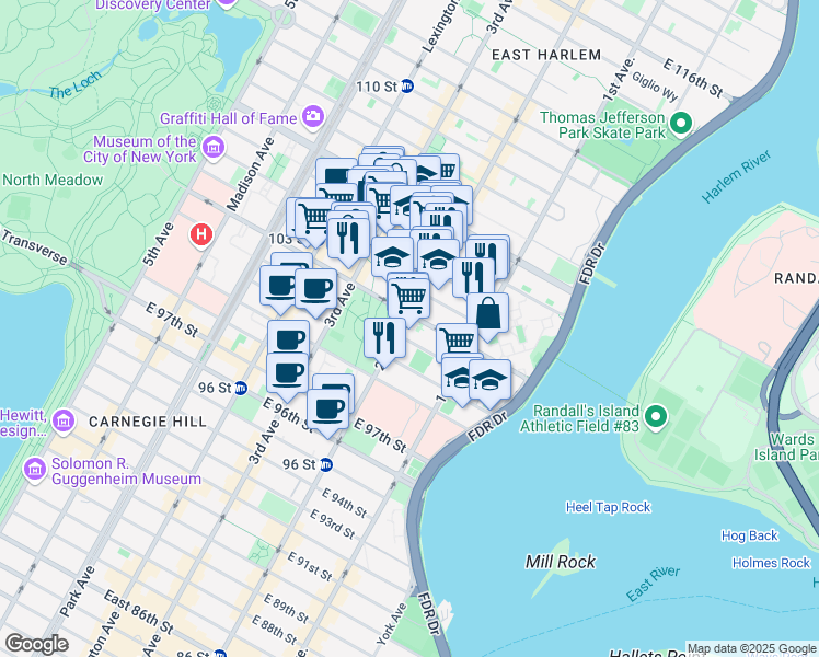 map of restaurants, bars, coffee shops, grocery stores, and more near 1974 2nd Avenue in New York