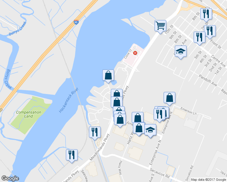 map of restaurants, bars, coffee shops, grocery stores, and more near 6 Marina Key in Secaucus