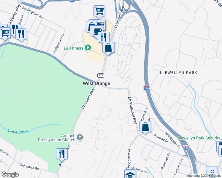 map of restaurants, bars, coffee shops, grocery stores, and more near 12 Marcella Avenue in West Orange