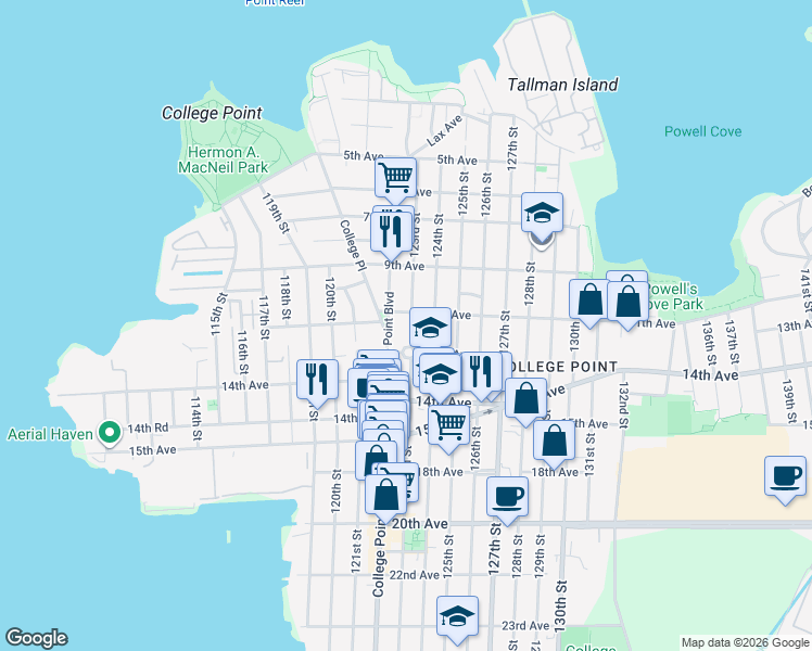 map of restaurants, bars, coffee shops, grocery stores, and more near 122-13 11th Avenue in Queens