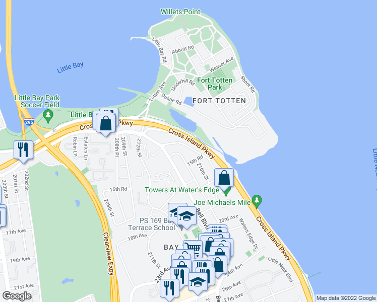 map of restaurants, bars, coffee shops, grocery stores, and more near 14-24 Waters Edge Drive in Queens