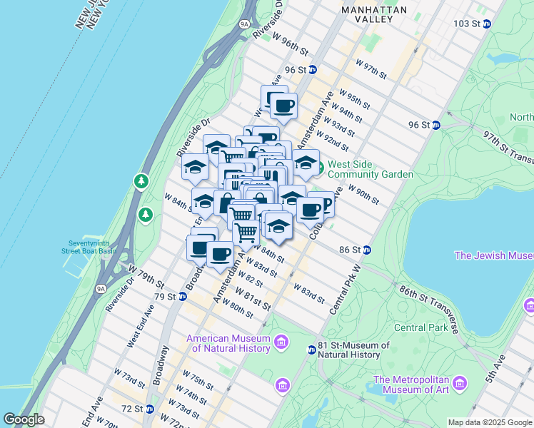 map of restaurants, bars, coffee shops, grocery stores, and more near West 86th Street in New York