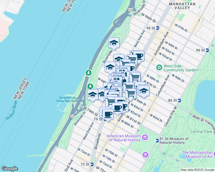 map of restaurants, bars, coffee shops, grocery stores, and more near 316 West 84th Street in New York