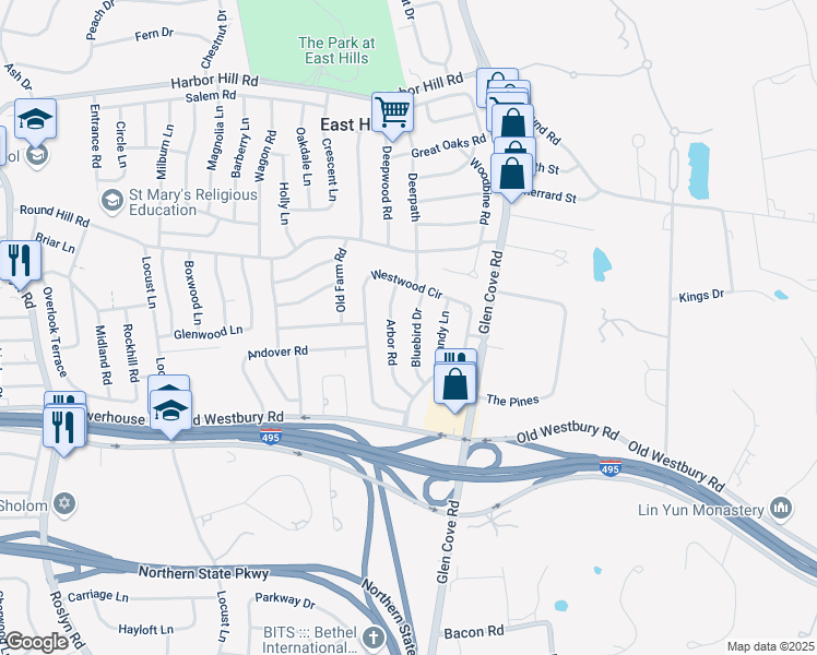 map of restaurants, bars, coffee shops, grocery stores, and more near 10 Bluebird Drive in Roslyn Heights