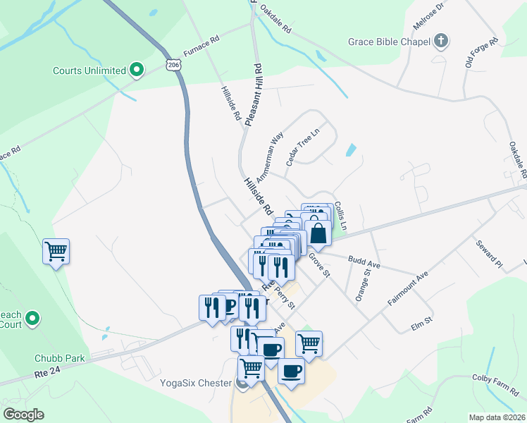 map of restaurants, bars, coffee shops, grocery stores, and more near 41 Hillside Road in Chester