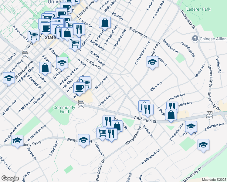 map of restaurants, bars, coffee shops, grocery stores, and more near 129 Crestmont Avenue in State College
