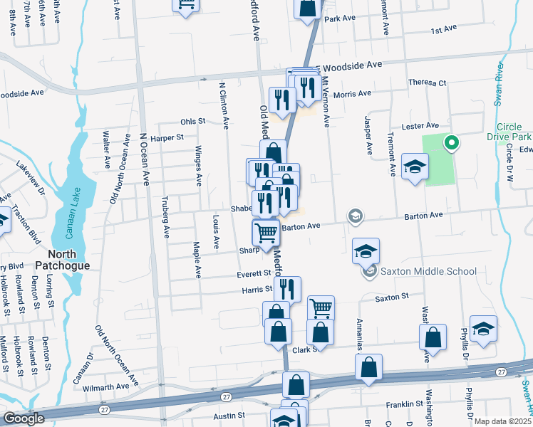 map of restaurants, bars, coffee shops, grocery stores, and more near 552 Medford Avenue in Patchogue