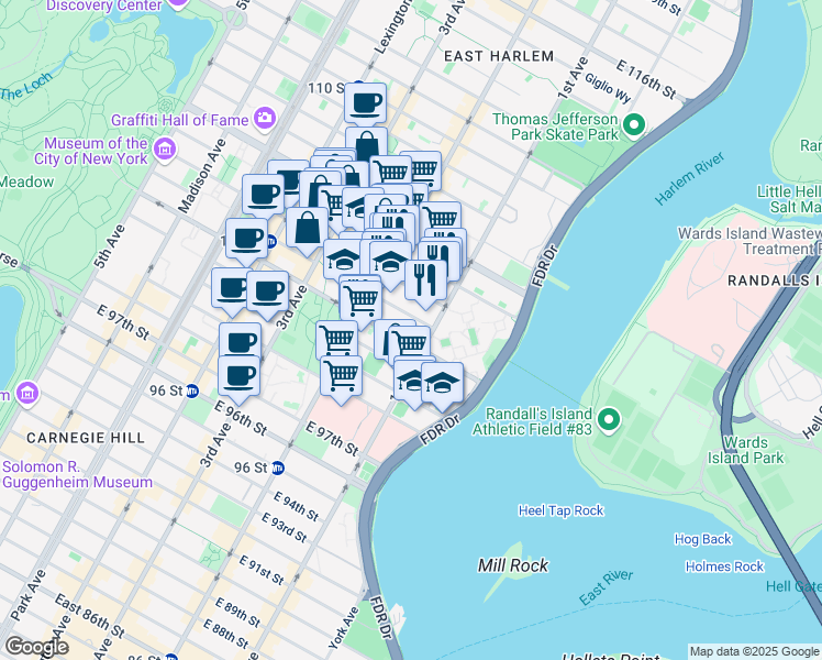 map of restaurants, bars, coffee shops, grocery stores, and more near 12 East 103rd Street in New York