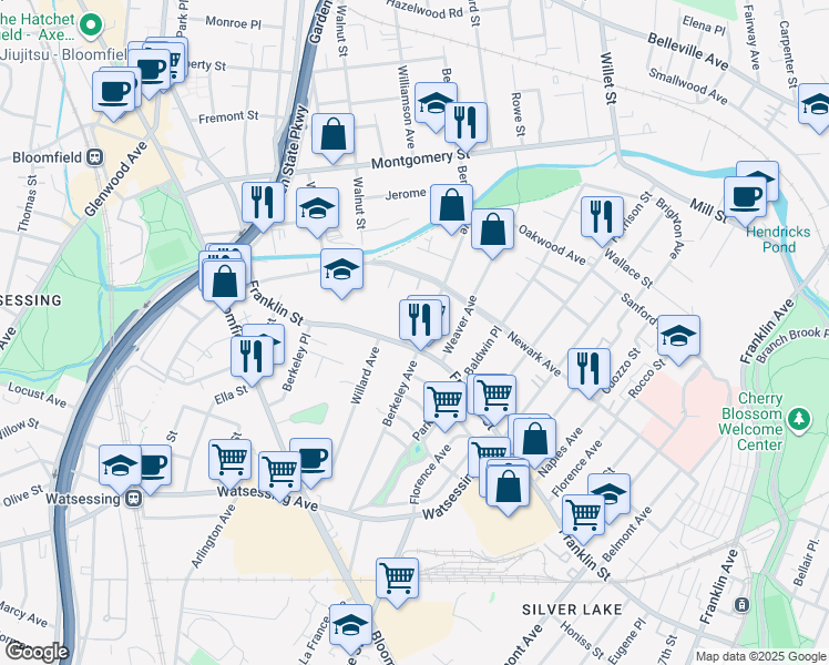 map of restaurants, bars, coffee shops, grocery stores, and more near 220 Berkeley Avenue in Bloomfield