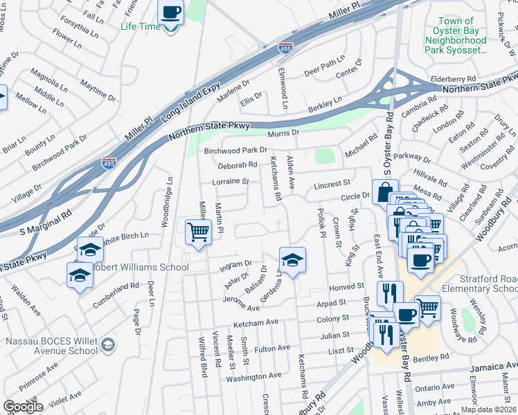 map of restaurants, bars, coffee shops, grocery stores, and more near 21 Leonard Road in Syosset