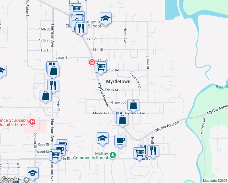 map of restaurants, bars, coffee shops, grocery stores, and more near 3250 Trinity Street in Eureka