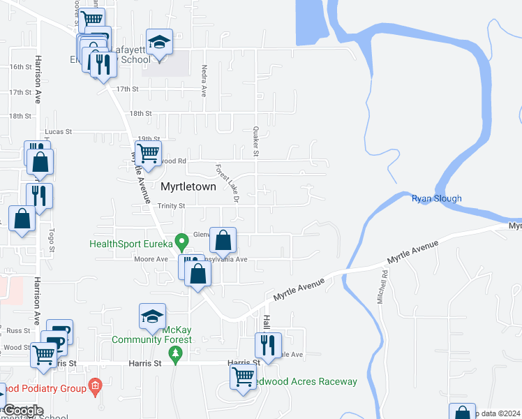 map of restaurants, bars, coffee shops, grocery stores, and more near 2135 Quaker Street in Eureka