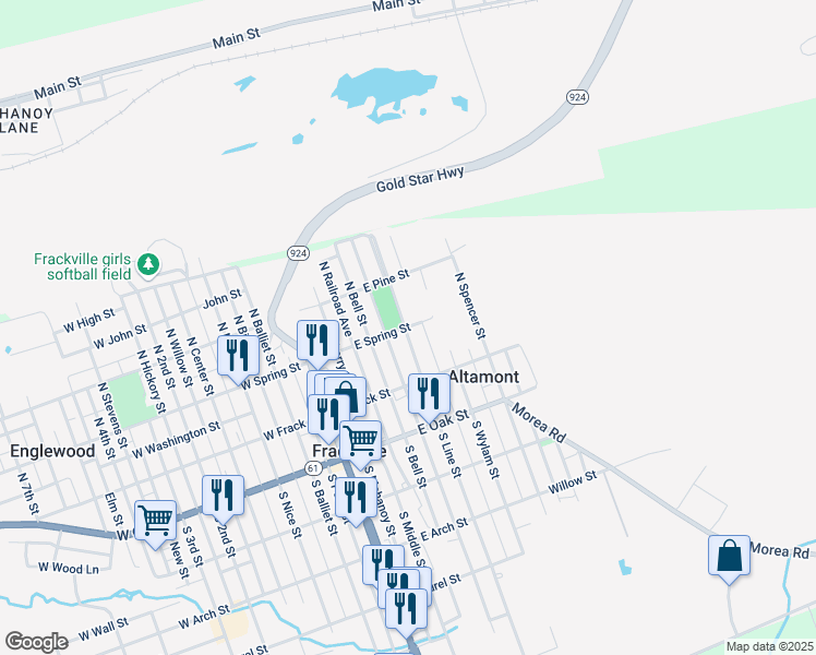 map of restaurants, bars, coffee shops, grocery stores, and more near 99 South Line Street in Frackville