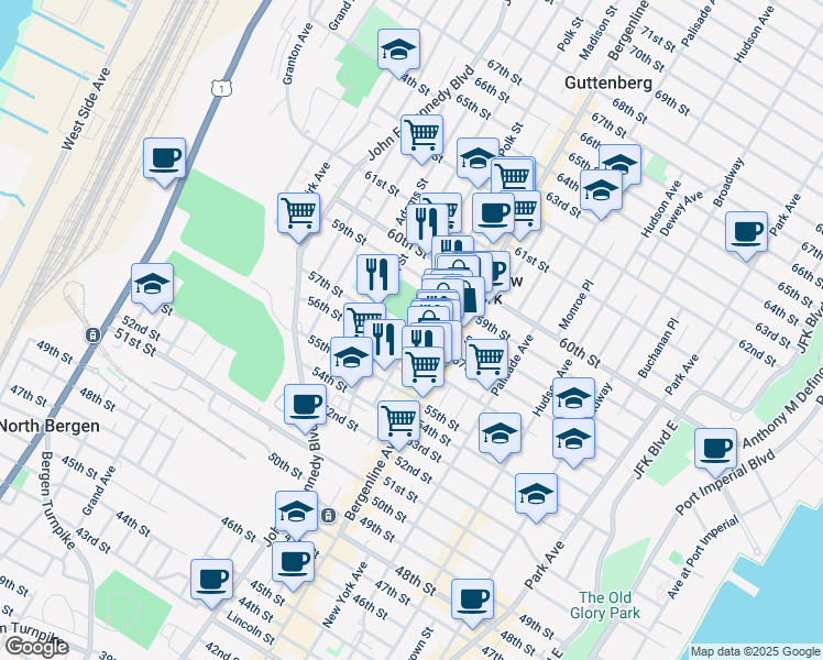 map of restaurants, bars, coffee shops, grocery stores, and more near 5713 Madison Street in West New York