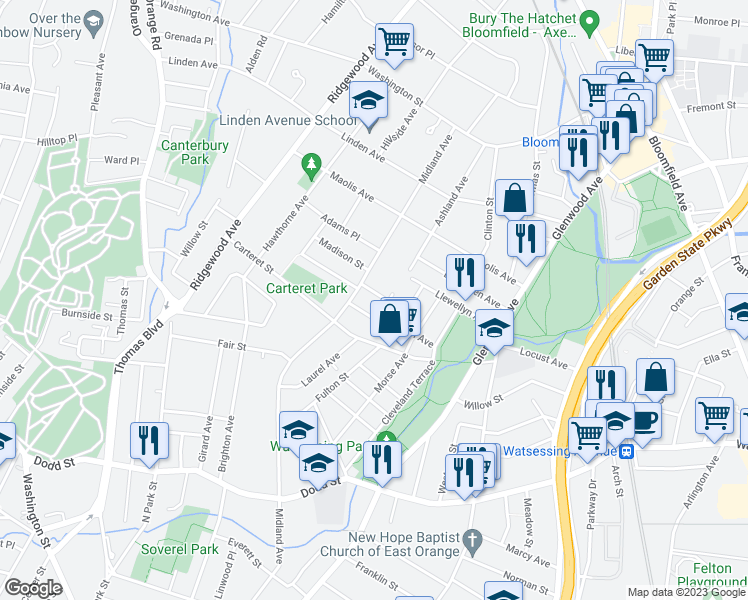 map of restaurants, bars, coffee shops, grocery stores, and more near 22 Coolidge Avenue in Glen Ridge