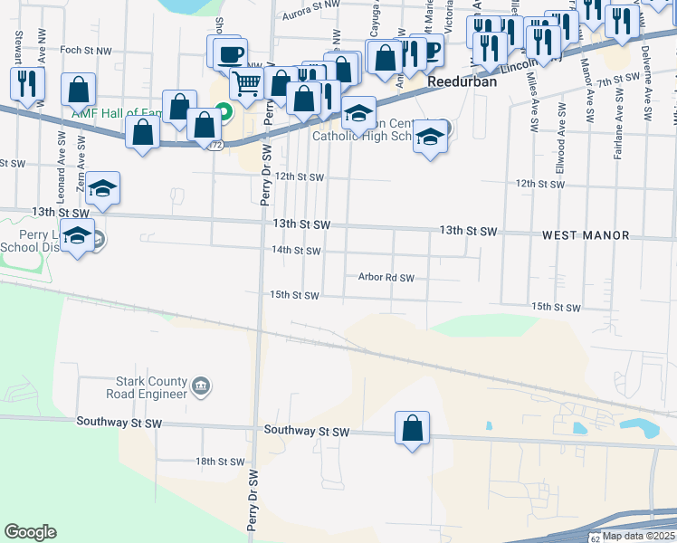 map of restaurants, bars, coffee shops, grocery stores, and more near 1409 Bordner Avenue Southwest in Canton