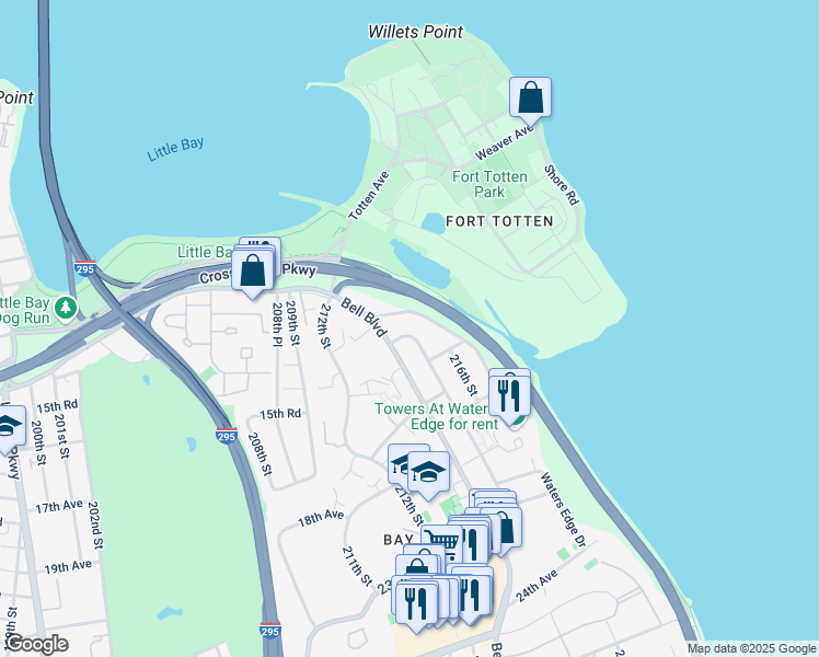 map of restaurants, bars, coffee shops, grocery stores, and more near 14-04 Waters Edge Drive in Queens