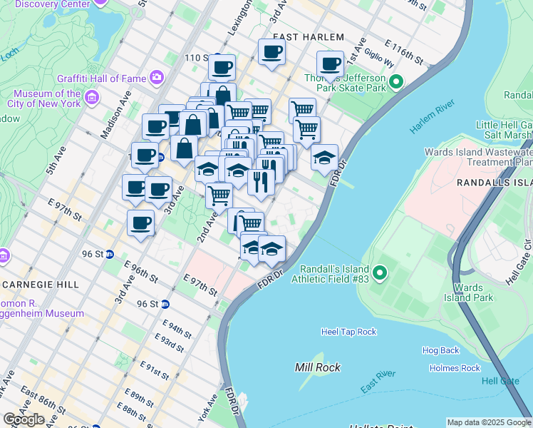 map of restaurants, bars, coffee shops, grocery stores, and more near 1st Avenue & East 103rd Street in New York