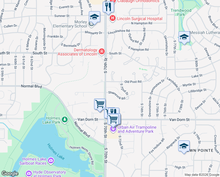 map of restaurants, bars, coffee shops, grocery stores, and more near 7018 Shamrock Road in Lincoln