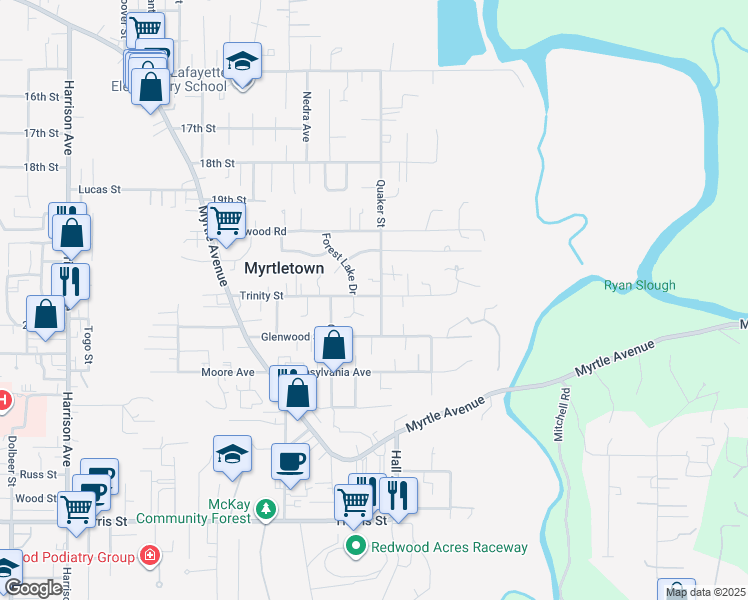 map of restaurants, bars, coffee shops, grocery stores, and more near 3477 Trinity Street in Eureka