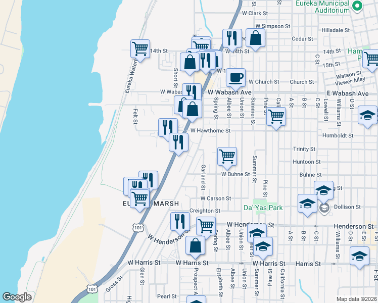 map of restaurants, bars, coffee shops, grocery stores, and more near 2160 Fairfield Street in Eureka
