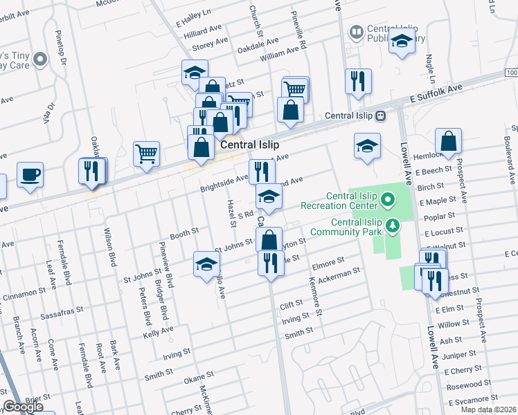 map of restaurants, bars, coffee shops, grocery stores, and more near 65 Carleton Avenue in Central Islip