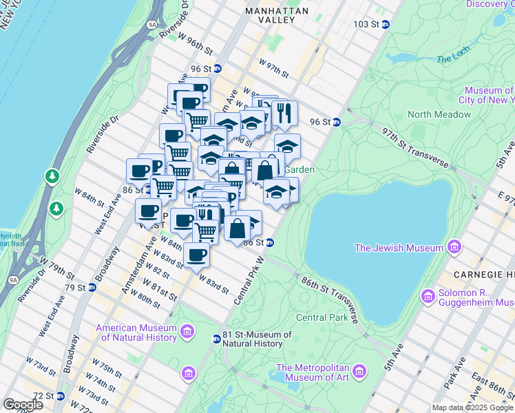 map of restaurants, bars, coffee shops, grocery stores, and more near 47 West 89th Street in New York