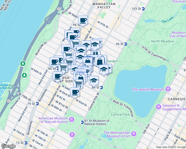 map of restaurants, bars, coffee shops, grocery stores, and more near 595 Columbus Avenue in New York