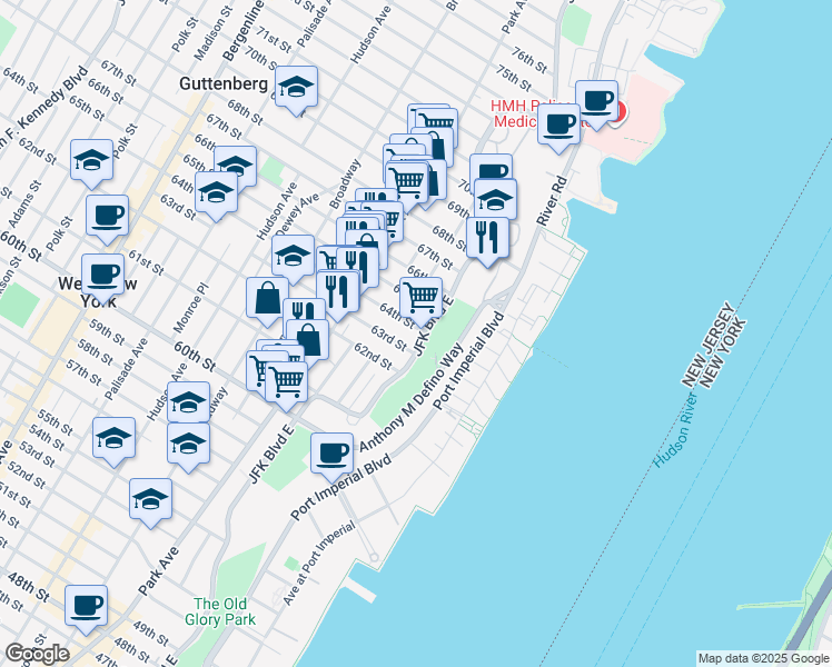 map of restaurants, bars, coffee shops, grocery stores, and more near 6401 Boulevard East in West New York