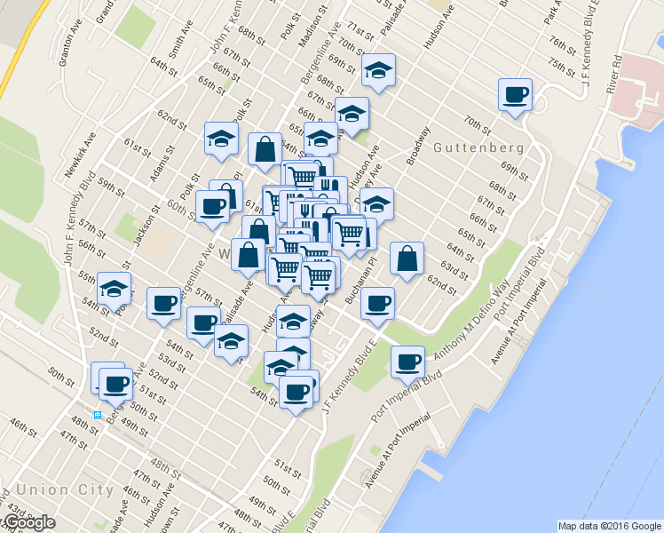 map of restaurants, bars, coffee shops, grocery stores, and more near 6032 Hudson Avenue in West New York