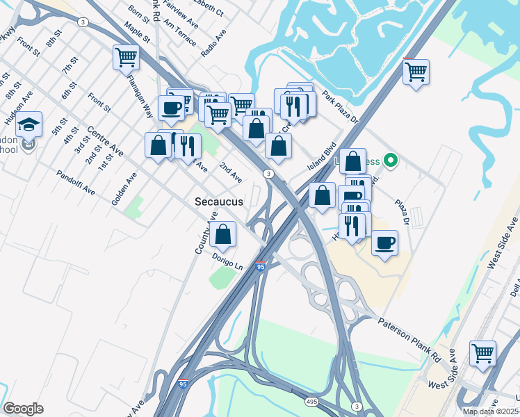 map of restaurants, bars, coffee shops, grocery stores, and more near 41 Green Valley Court in Secaucus