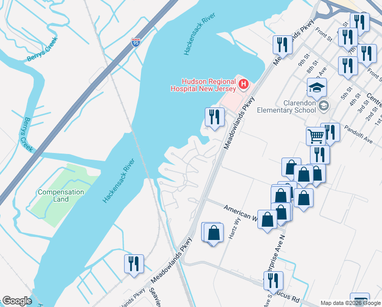 map of restaurants, bars, coffee shops, grocery stores, and more near 100 Sandpiper Key in Secaucus