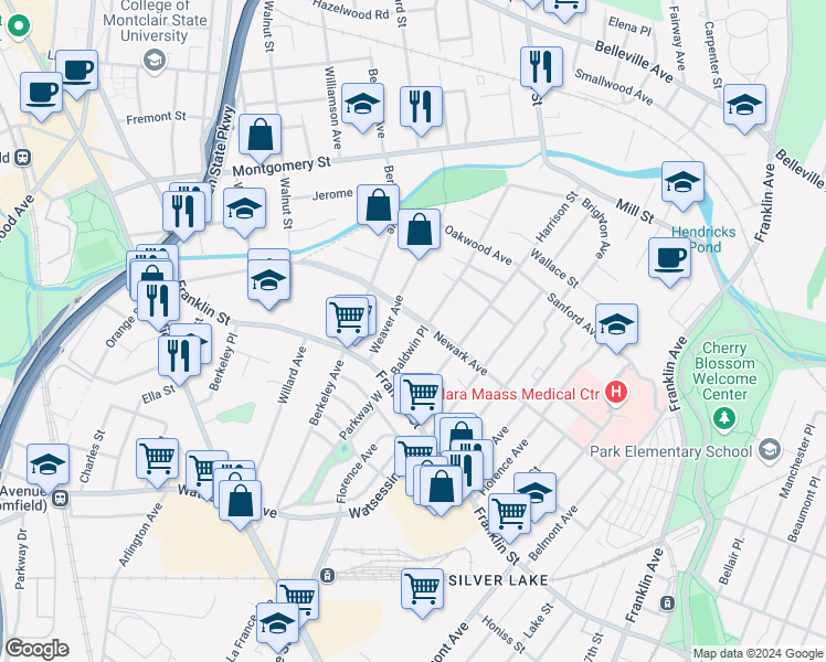 map of restaurants, bars, coffee shops, grocery stores, and more near 94 Newark Avenue in Bloomfield