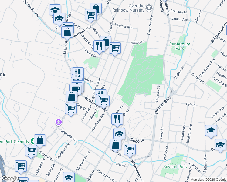 map of restaurants, bars, coffee shops, grocery stores, and more near 125 Watchung Avenue in West Orange
