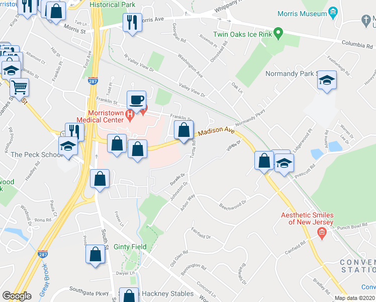 map of restaurants, bars, coffee shops, grocery stores, and more near 151 Madison Avenue in Morristown