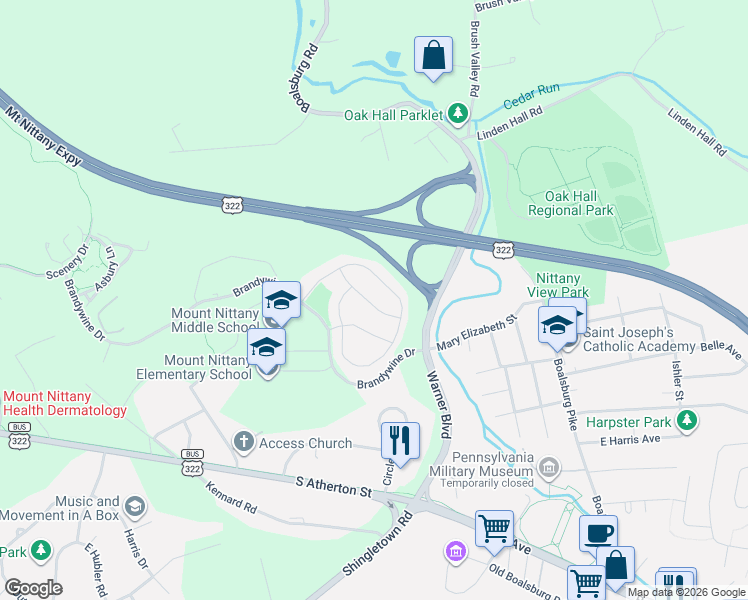 map of restaurants, bars, coffee shops, grocery stores, and more near 501-687 Brandywine Dr in State College