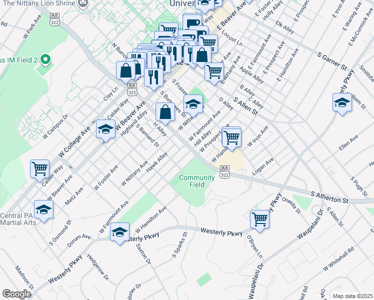 map of restaurants, bars, coffee shops, grocery stores, and more near 426 South Atherton Street in State College
