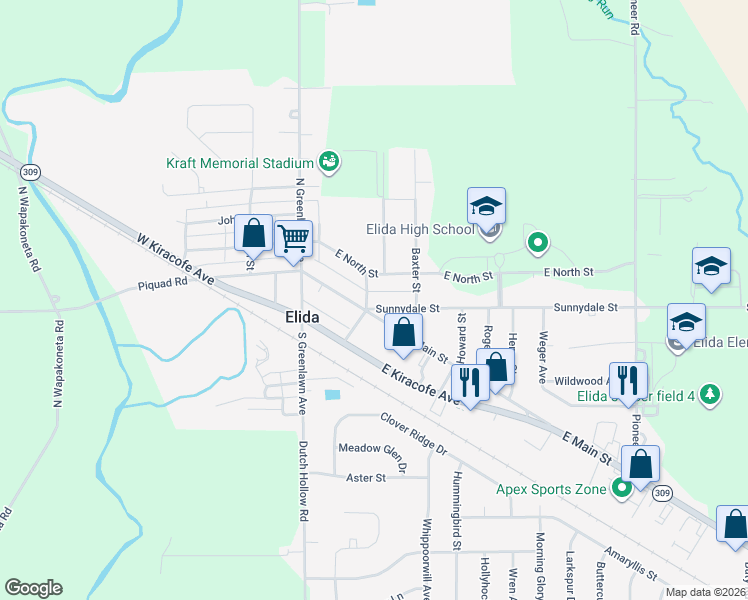 map of restaurants, bars, coffee shops, grocery stores, and more near 123 E Main St in Elida
