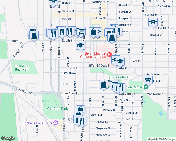 map of restaurants, bars, coffee shops, grocery stores, and more near 1327 Lake Street in Lincoln