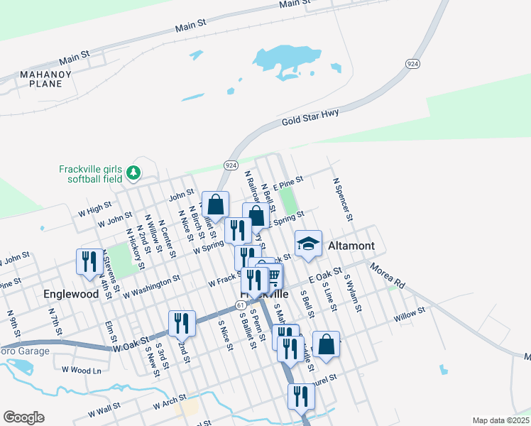 map of restaurants, bars, coffee shops, grocery stores, and more near 123 North Railroad Avenue in Frackville