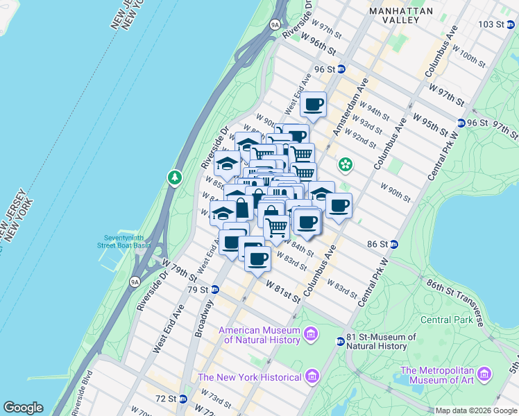 map of restaurants, bars, coffee shops, grocery stores, and more near Broadway & W 85th St in New York