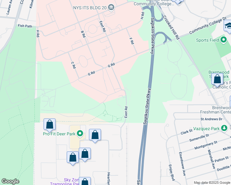 map of restaurants, bars, coffee shops, grocery stores, and more near A Road in Brentwood